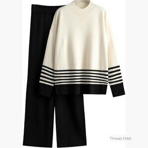 Large Knitted Lounge Set With Turtleneck Top And Wide Leg Pants